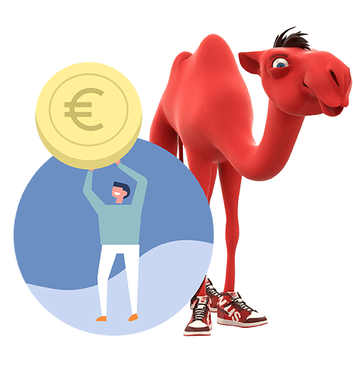 Klickmal Kamel mit Mann, der durch das SMART/BAUSPAREN profitiert und eine große Münze in den Händen hält.
